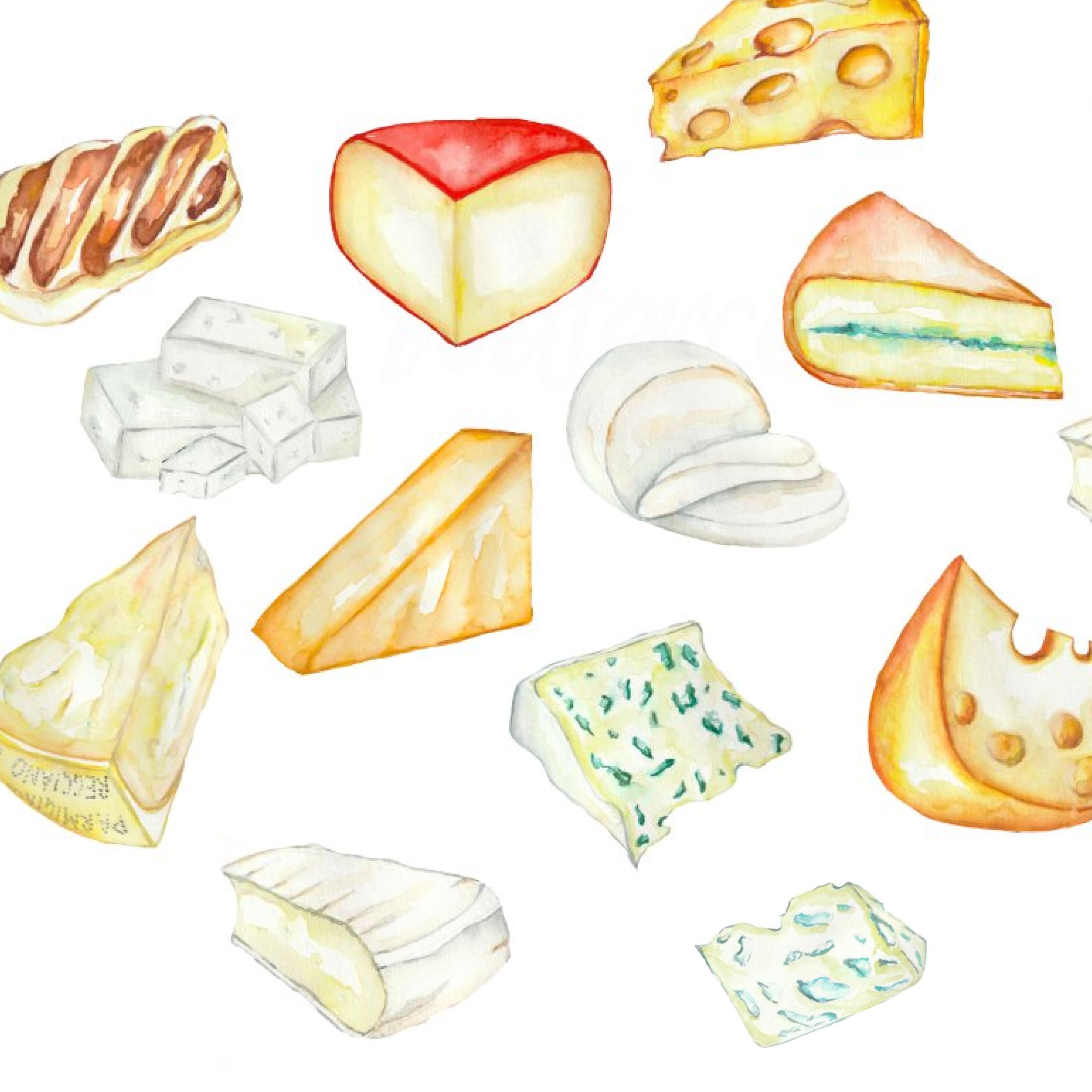 Set of cartoon images of french cheeses.