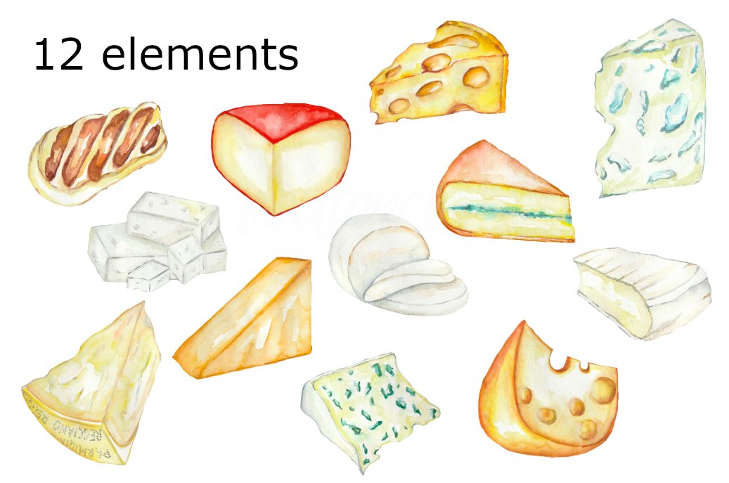 Set of lovely watercolor images of swiss cheese.