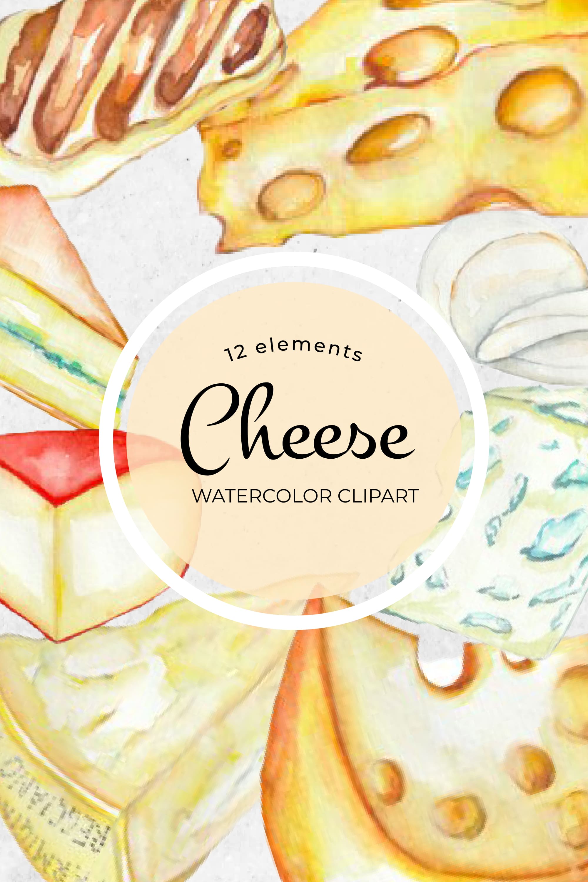 Collection of beautiful watercolor images of hard cheese.