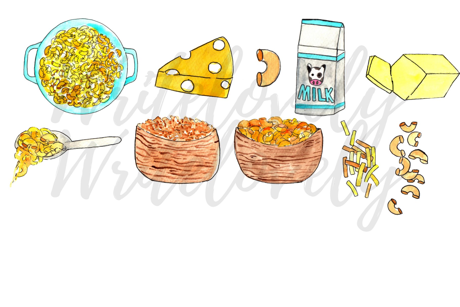 Set of watercolor images of hard cheese and pasta.
