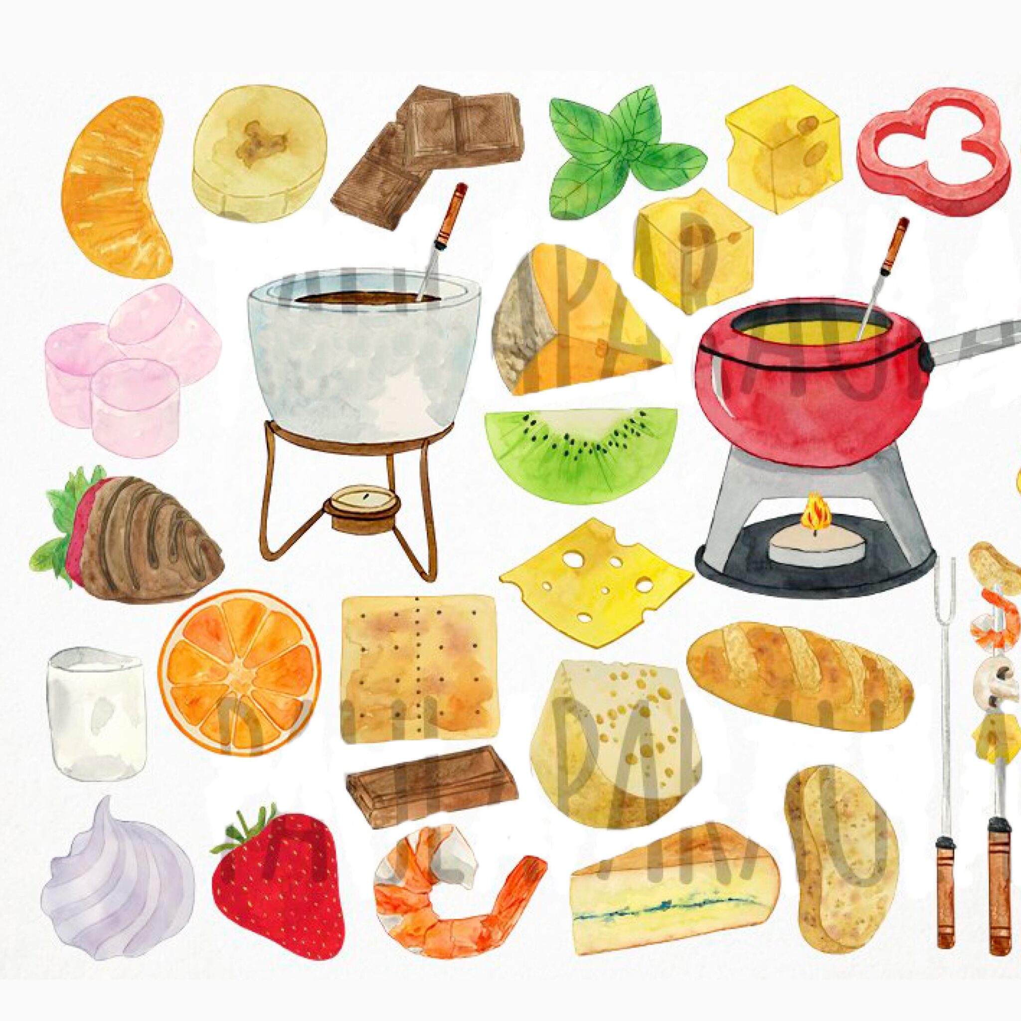 Watercolor Fondue Clipart, Cheese Fondue, Chocolate Fondue MasterBundles