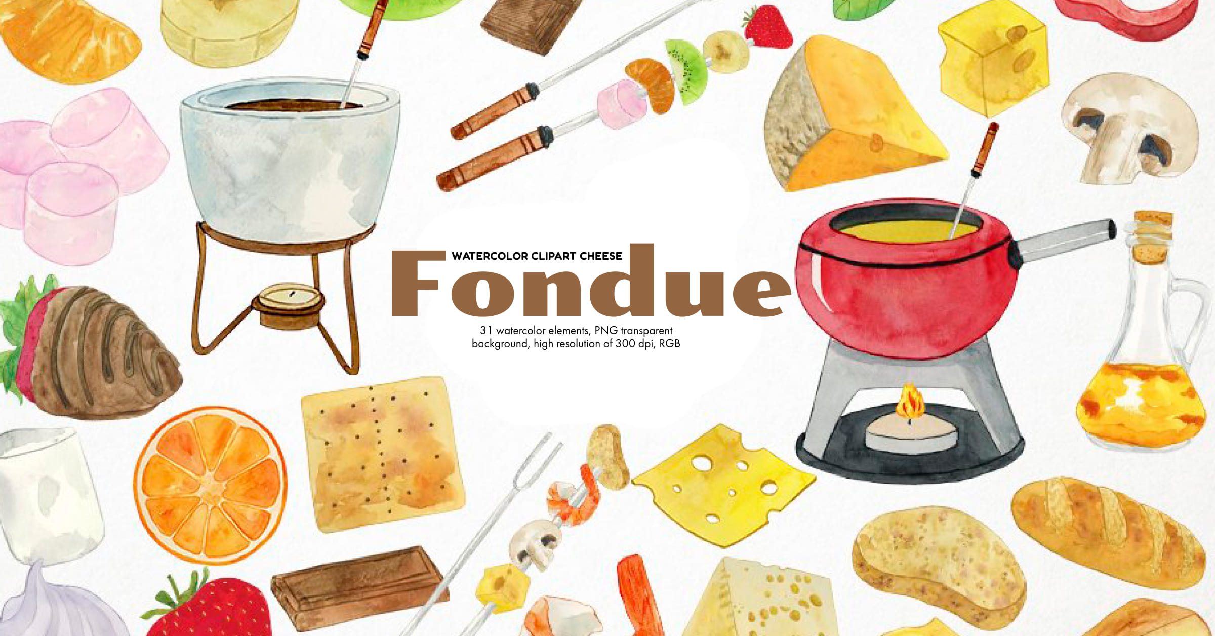 Watercolor Fondue Clipart, Cheese Fondue, Chocolate Fondue – MasterBundles