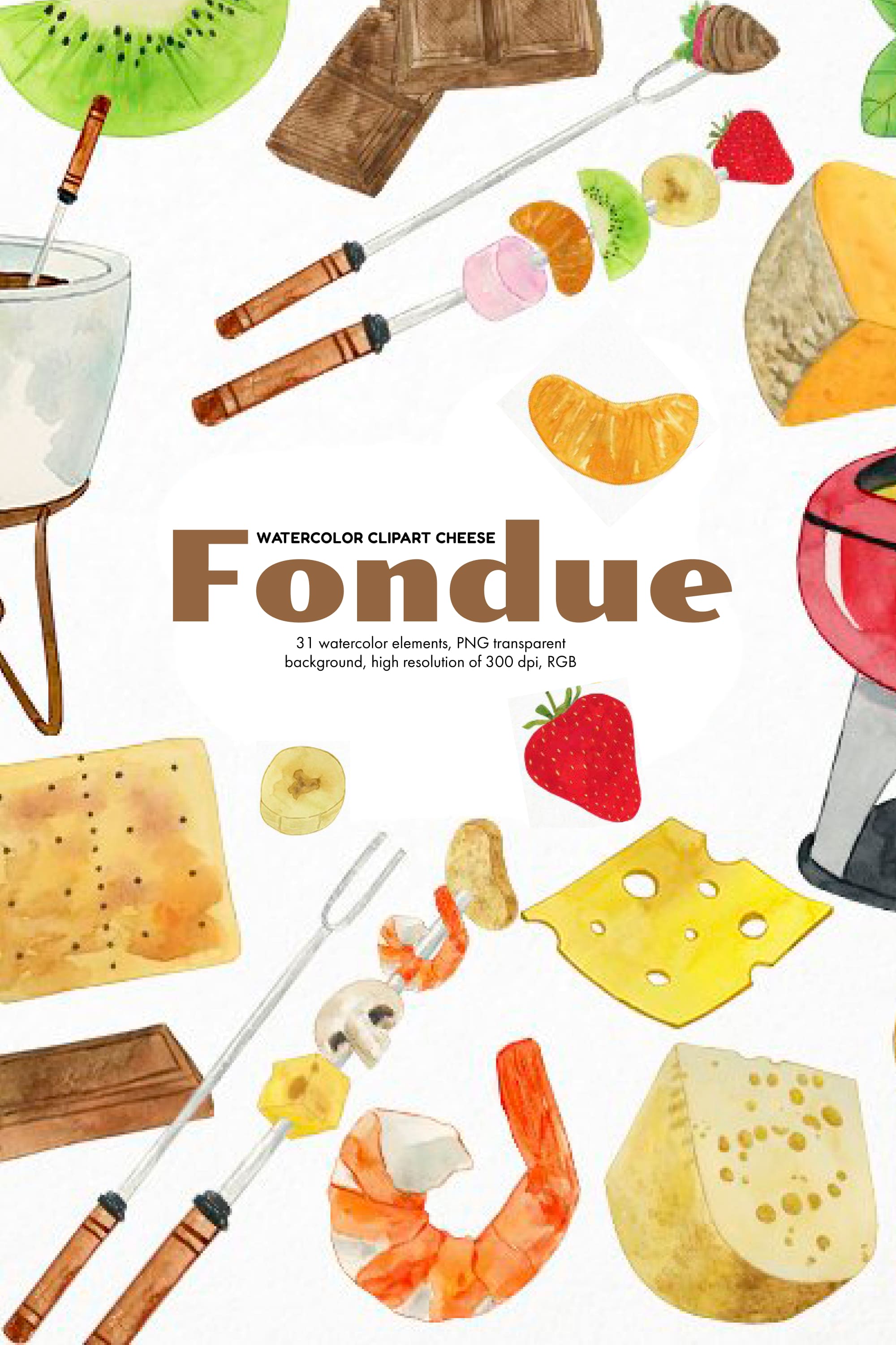 Cover of watercolor images of hard cheese and fruits for fondue.