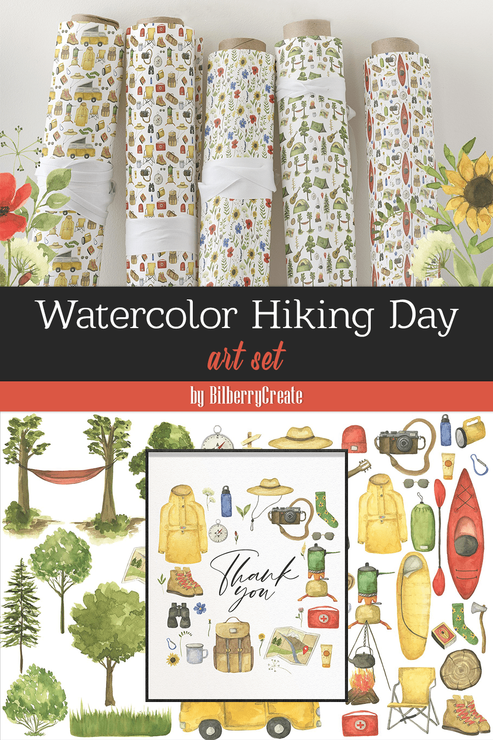 Watercolor hiking day art set - pinterest image preview.