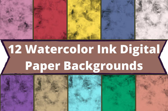 The white lettering "12 Watercolor Ink Digital Paper Backgrounds" on a dark purple background and 10 different watercolor images.