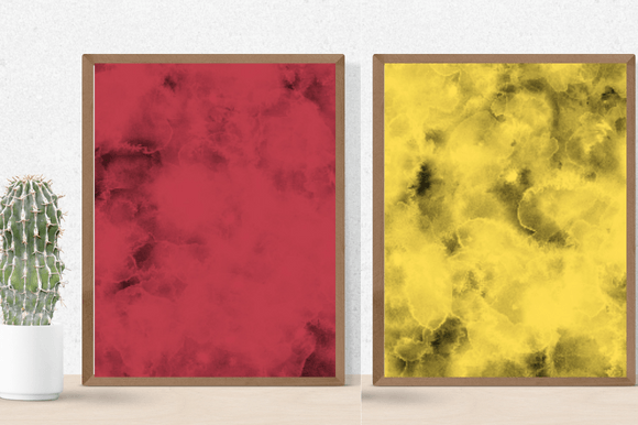 2 watercolor pictures in brown frames in red and yellow tones and cactus in a pot.