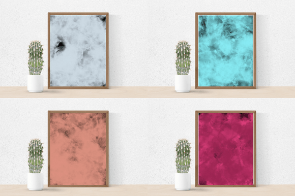 4 watercolor pictures in brown frames in grey, light blue, pink and dark pink tones and cactus in a pot.
