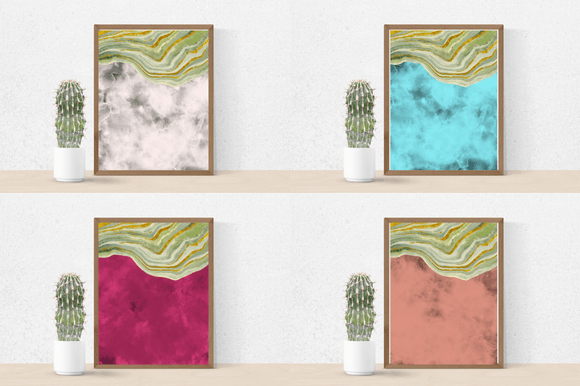 4 watercolor pictures in brown frames in grey, light blue, dark pink and pink tones and cactus in a pot.