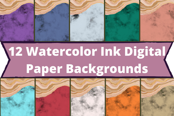 The white lettering "12 Watercolor Ink Digital Paper Backgrounds" on a purple background and 10 different watercolor images.
