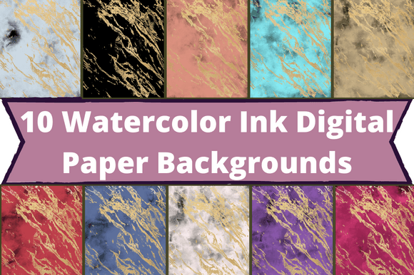 The white lettering "10 Watercolor Ink Digital Paper Backgrounds" on a purple background and 10 different watercolor images.