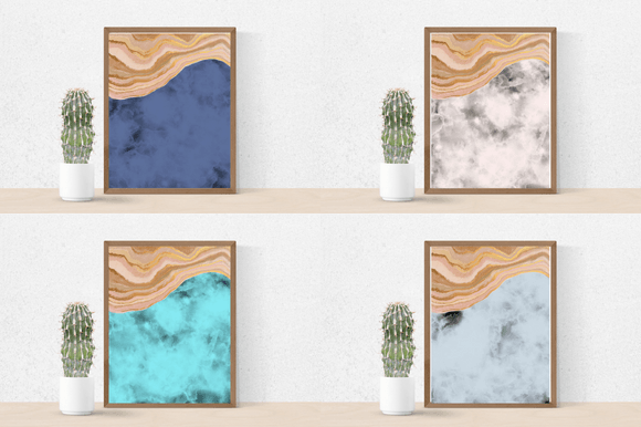 4 watercolor pictures in brown frames in blue, grey, light blue and mint tones and cactus in a pot.