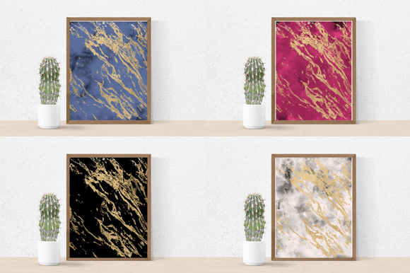 4 watercolor pictures in brown frames in blue, red, black and grey tones and cactus in a pot.