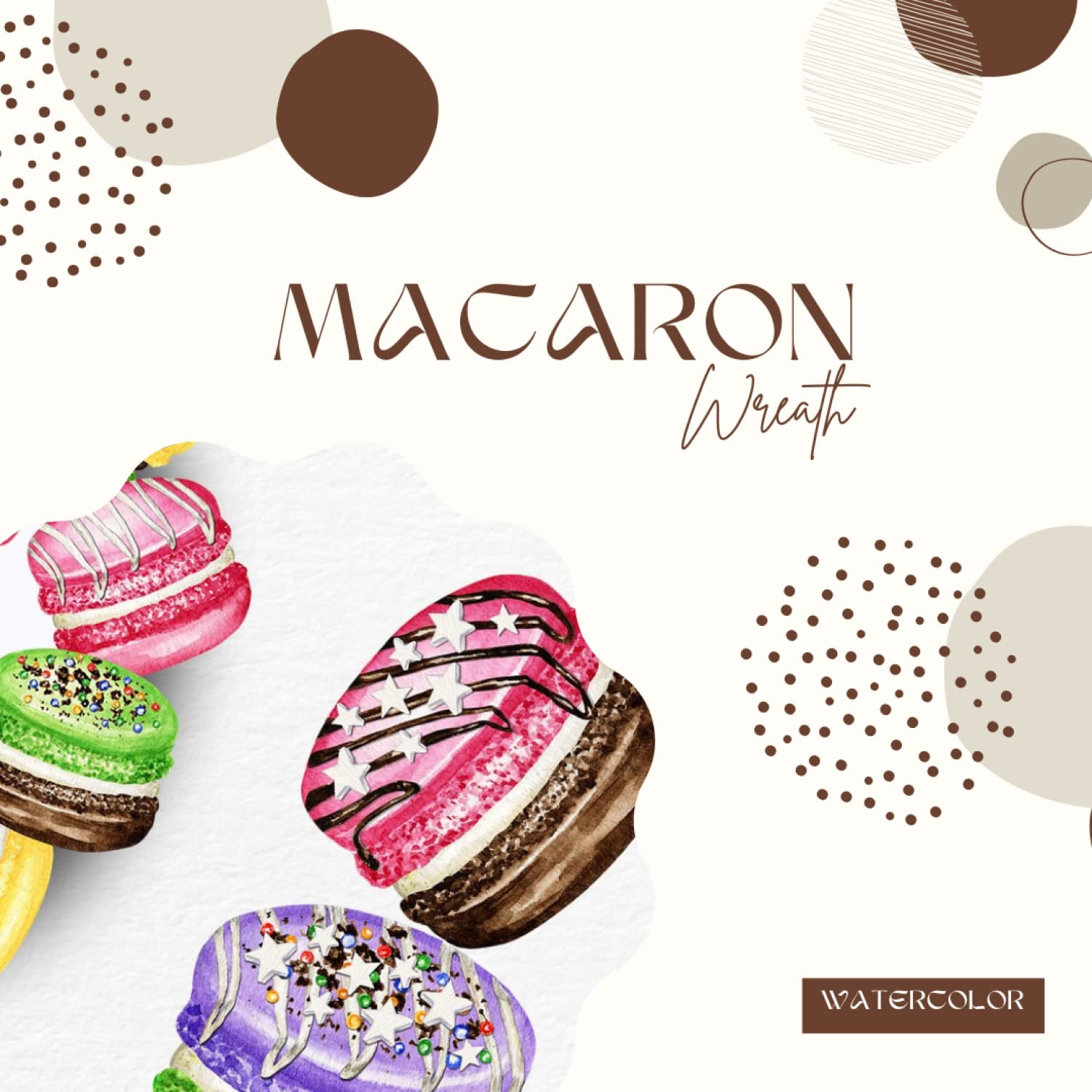 Watercolor Macaron Wreath Clipart, Bakery Dessert Cookies.