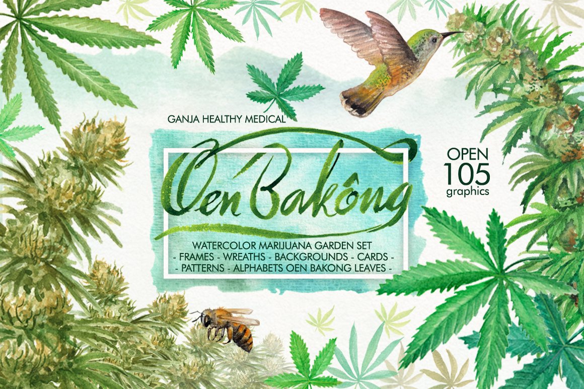 Watercolor Marijuana Set Cover. The lettering "Open 105 graphics" and various images of marijuana leaves.