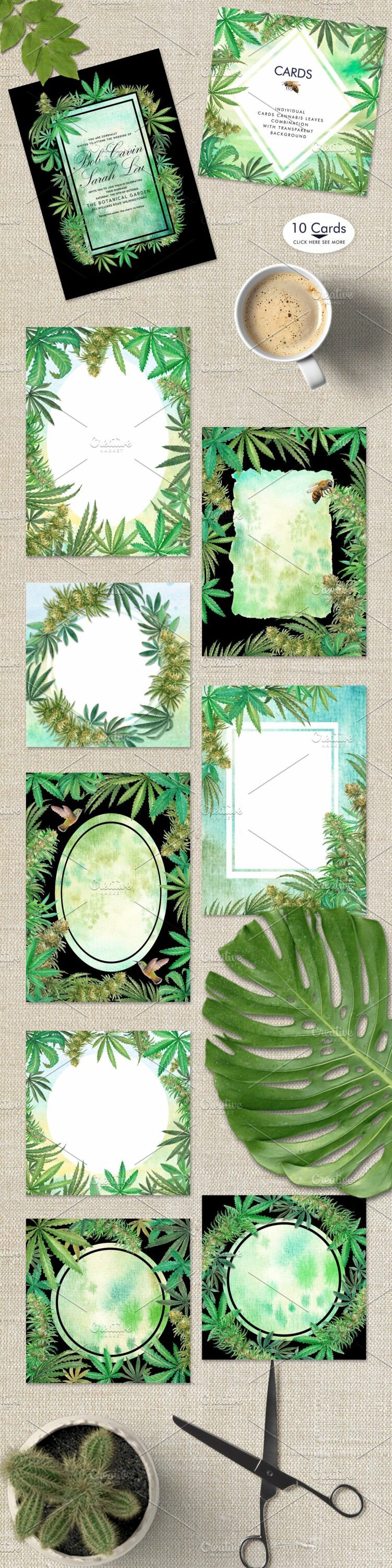 Set of 10 cards with transparent background of marijuana leaves.