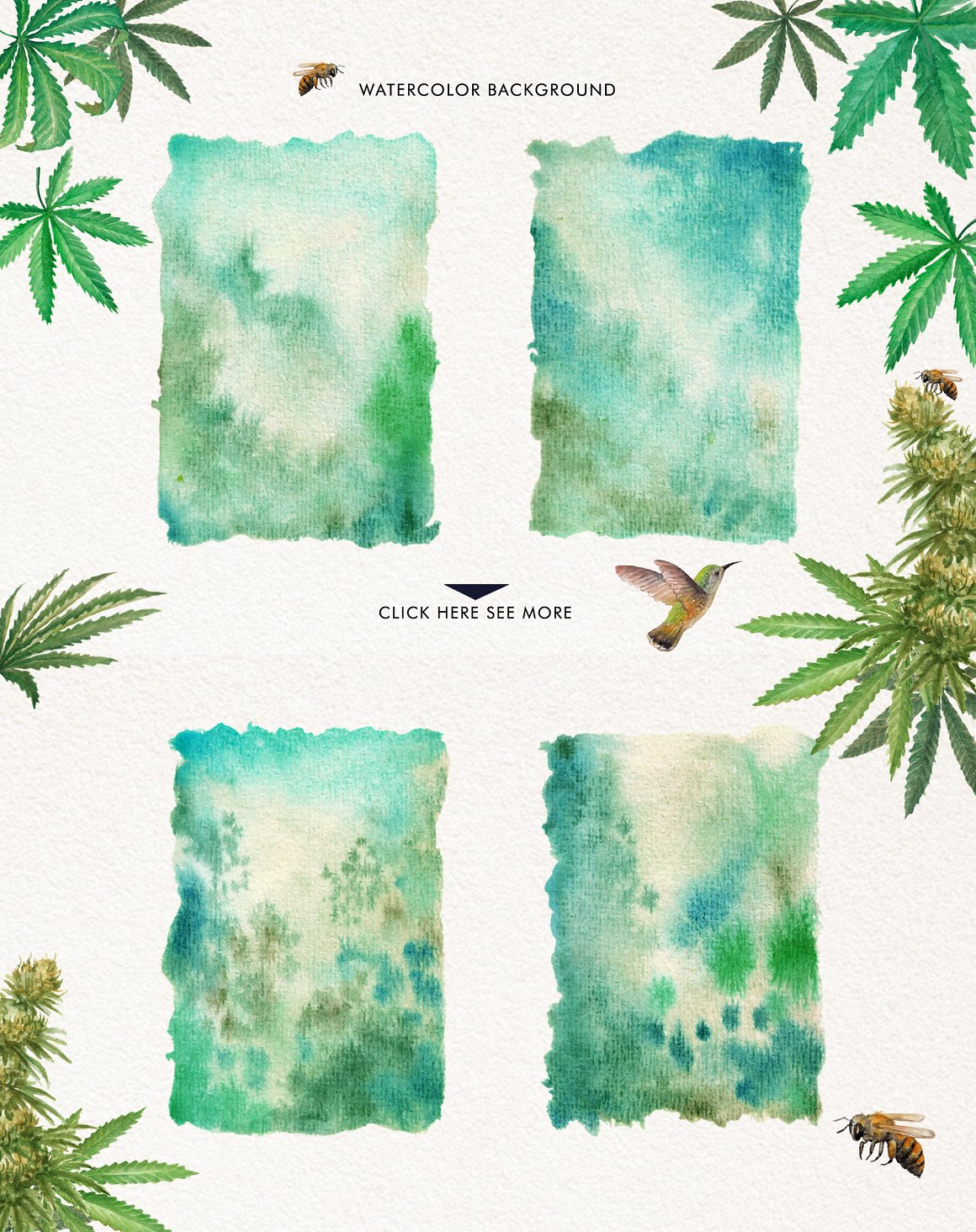 Set of 4 watercolor background with colors of marijuana leaves.