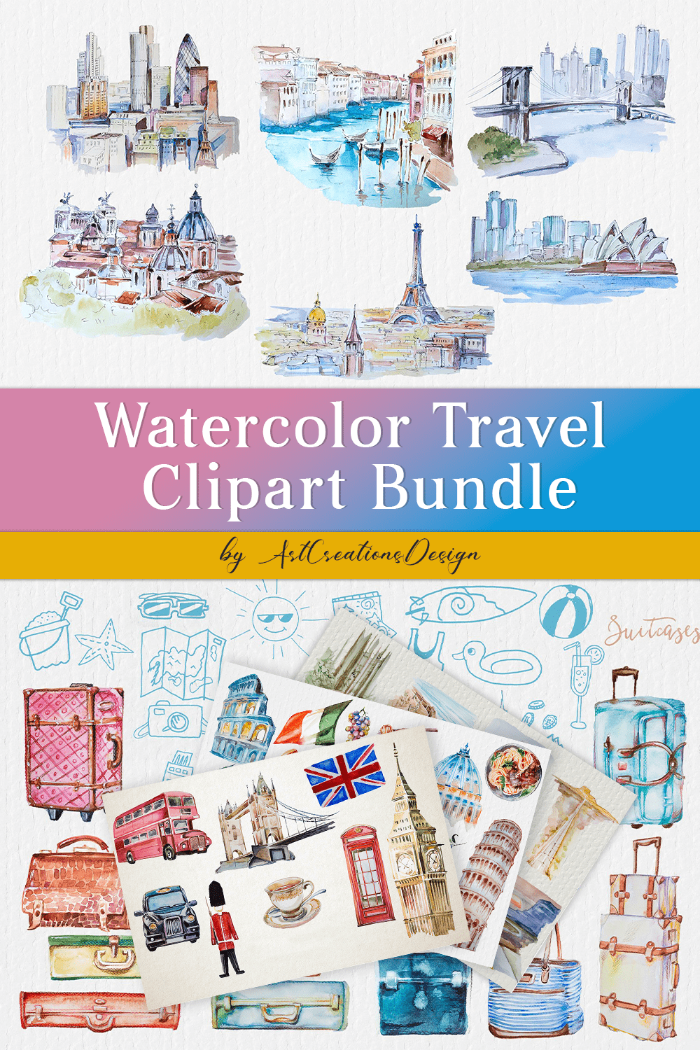 watercolor travel clipart bundle pinterest