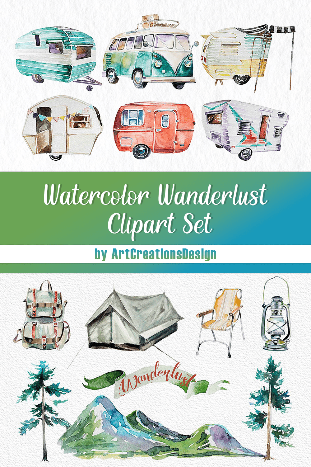 Watercolor wanderlust clipart set - pinterest image preview.