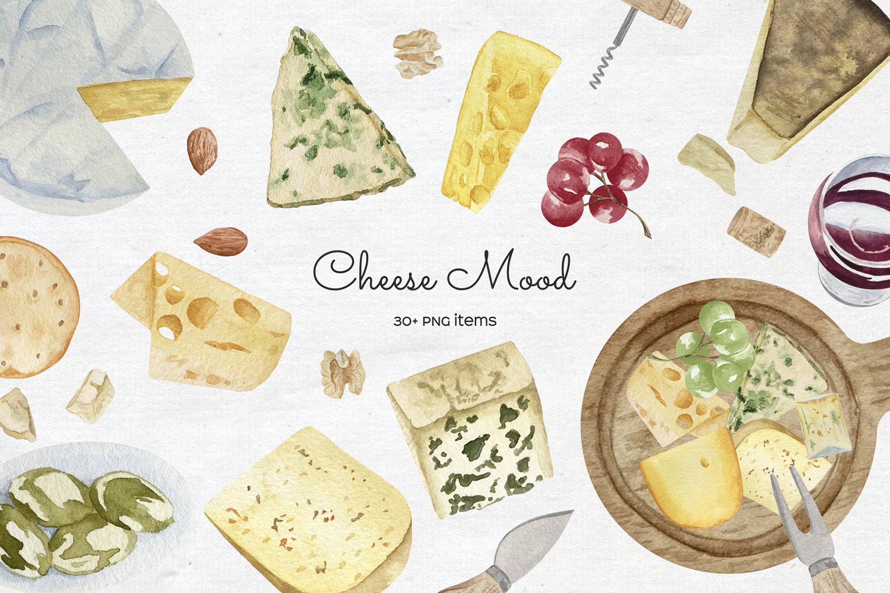 A collection of marvelous images of gourmet cheeses.