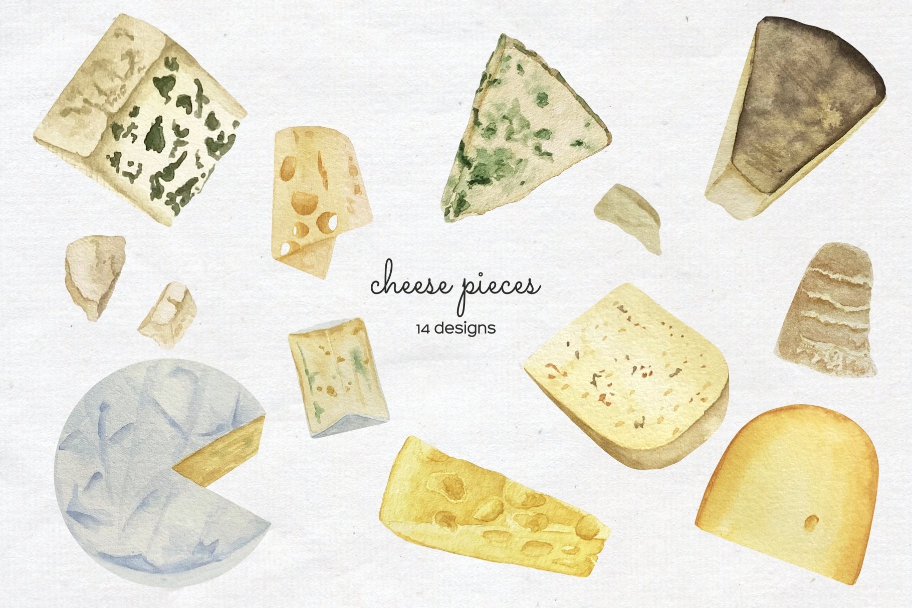 Set of watercolor images of hard cheese.