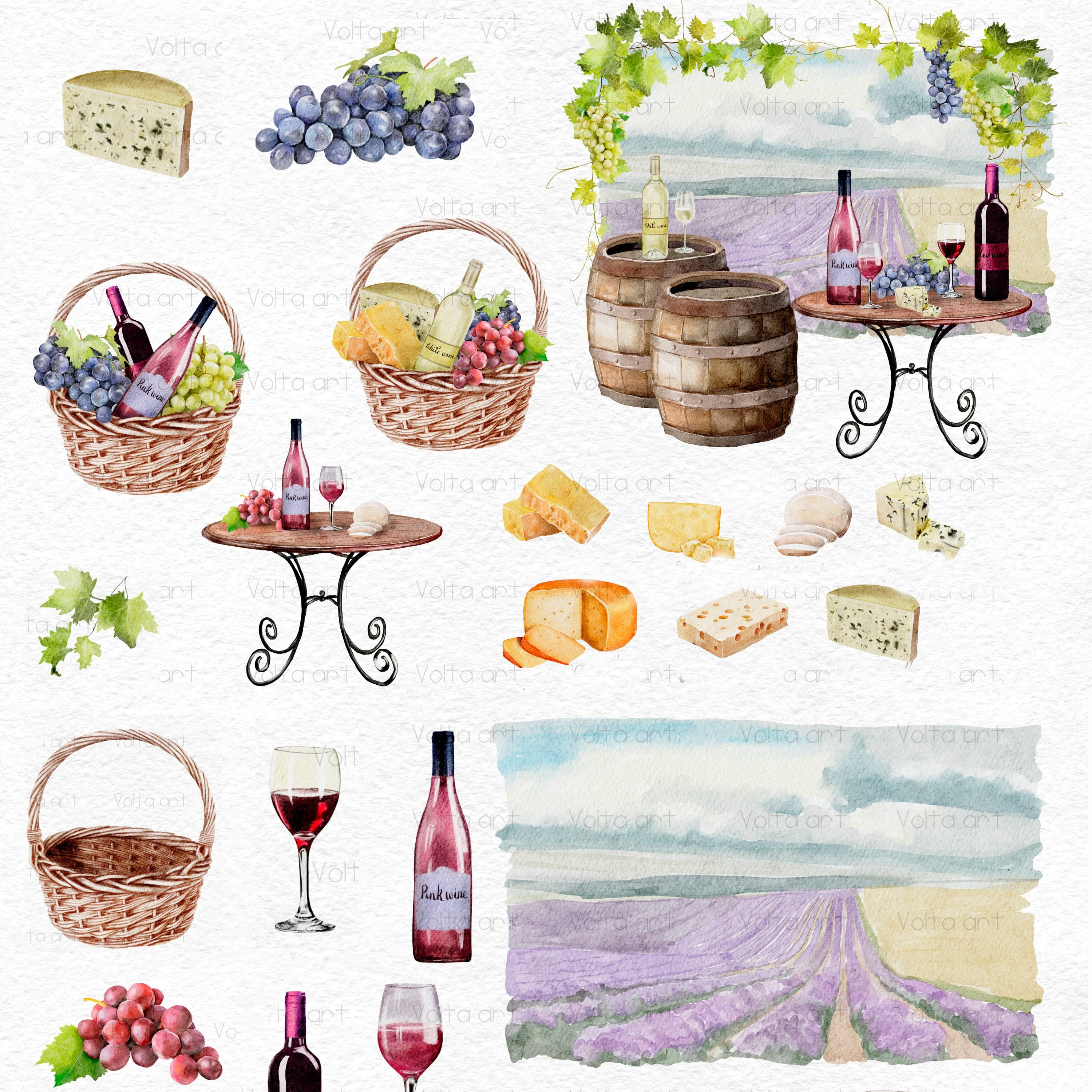 Set of colorful images of hard cheese and wine.