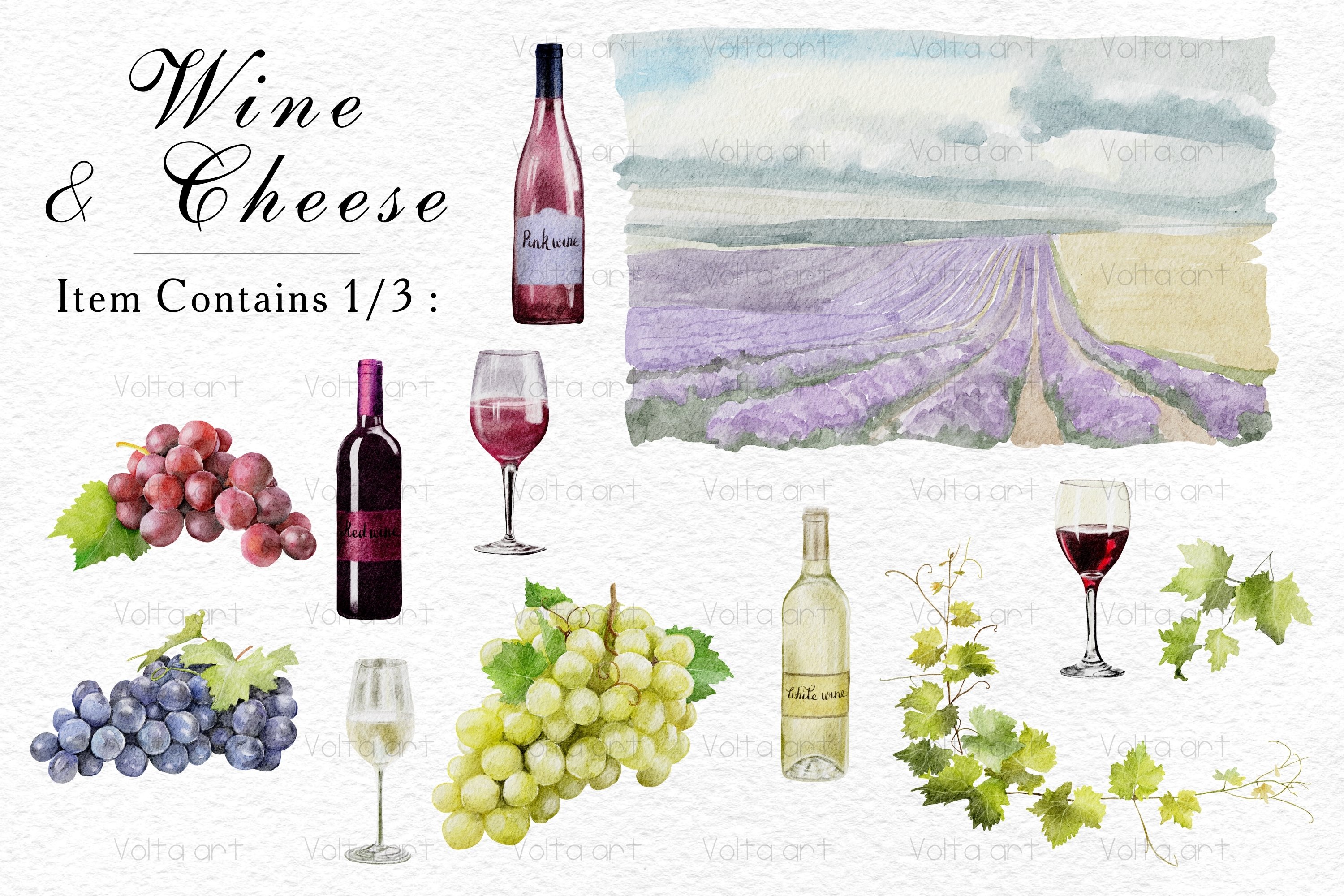 Set of watercolor images of wine bottles, grapes, glasses of wine.