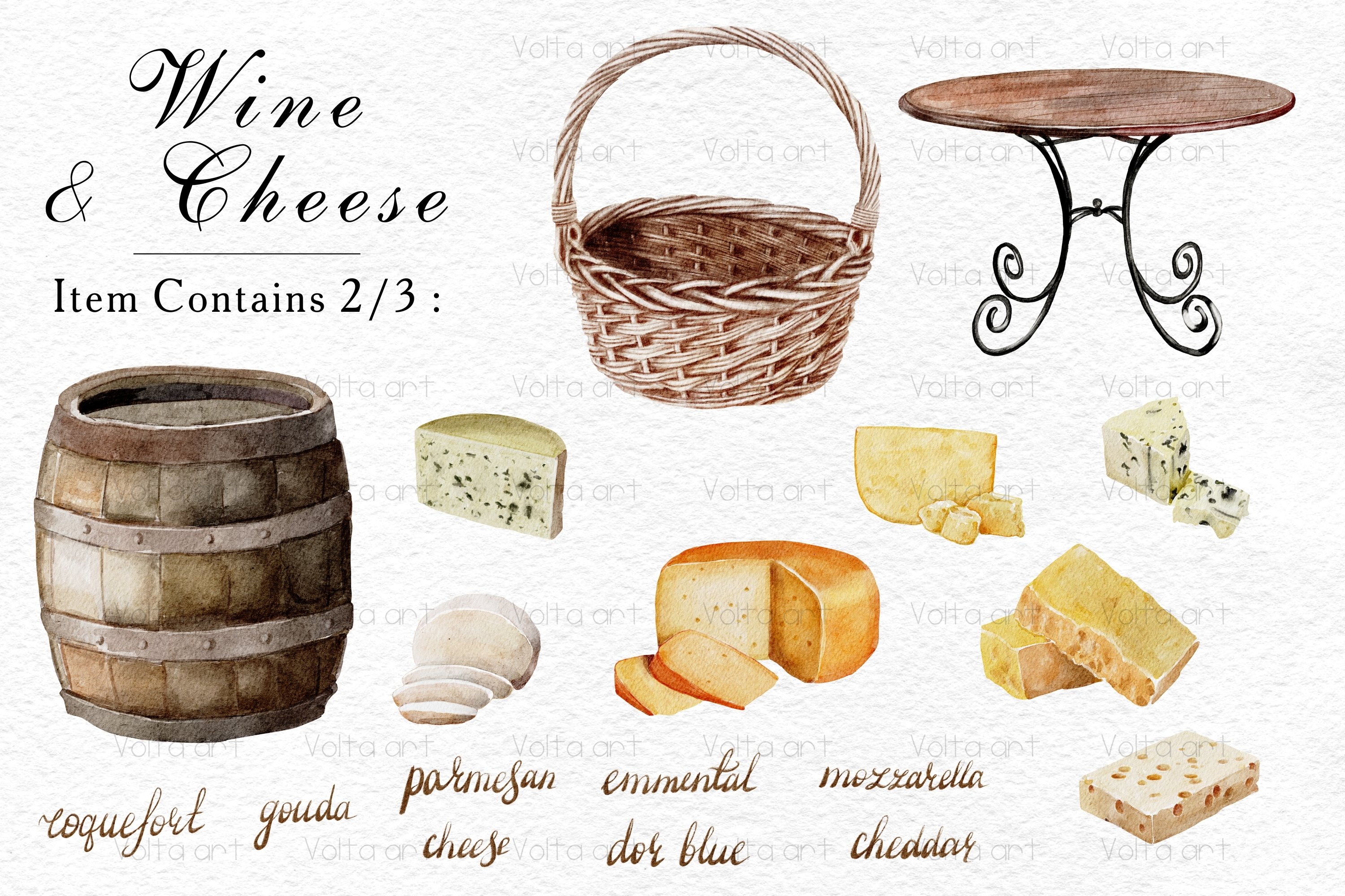Collection of watercolor images of hard cheese, basket, table, barrel.