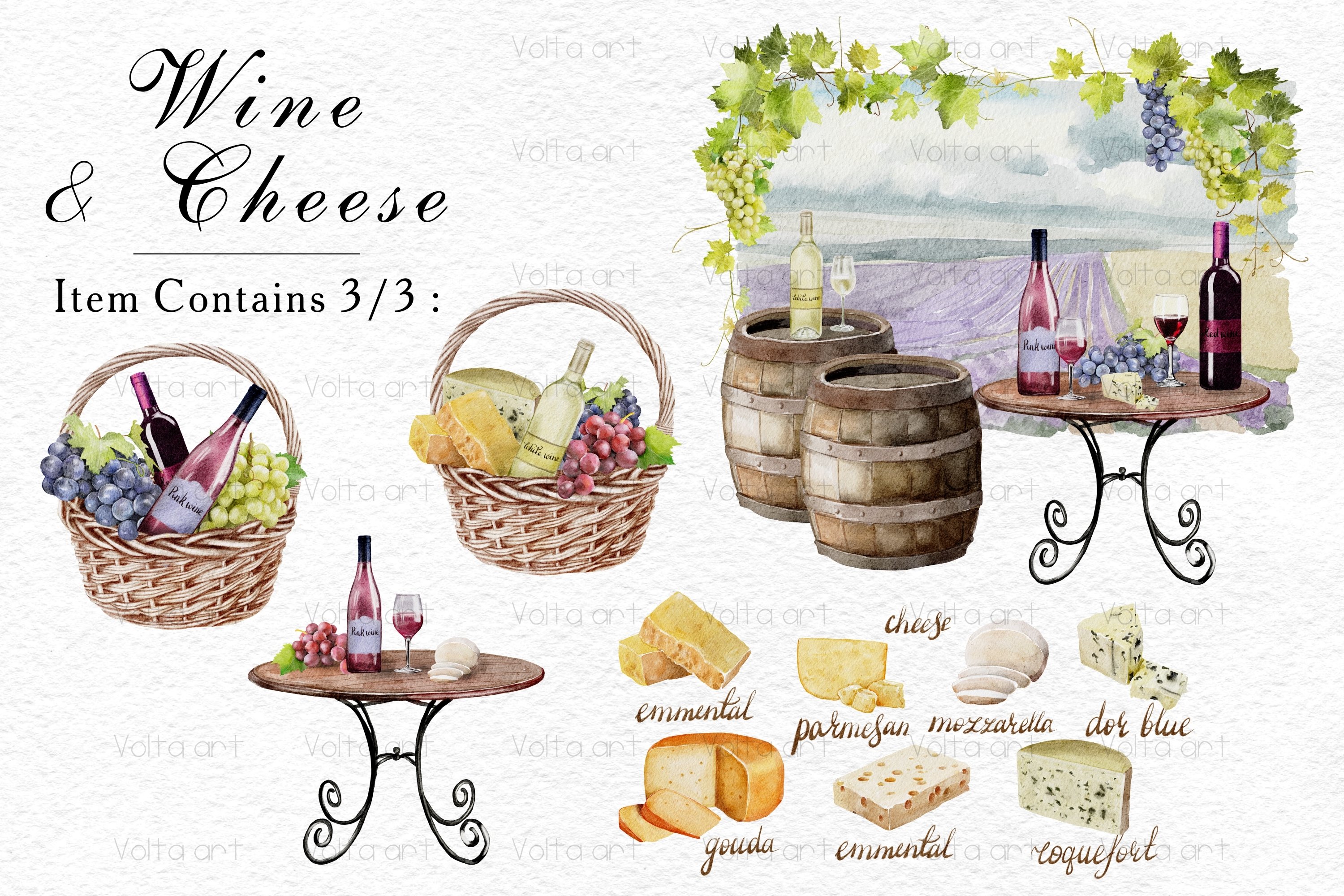 Collection of watercolor images of hard cheese, wine, wine barrels.