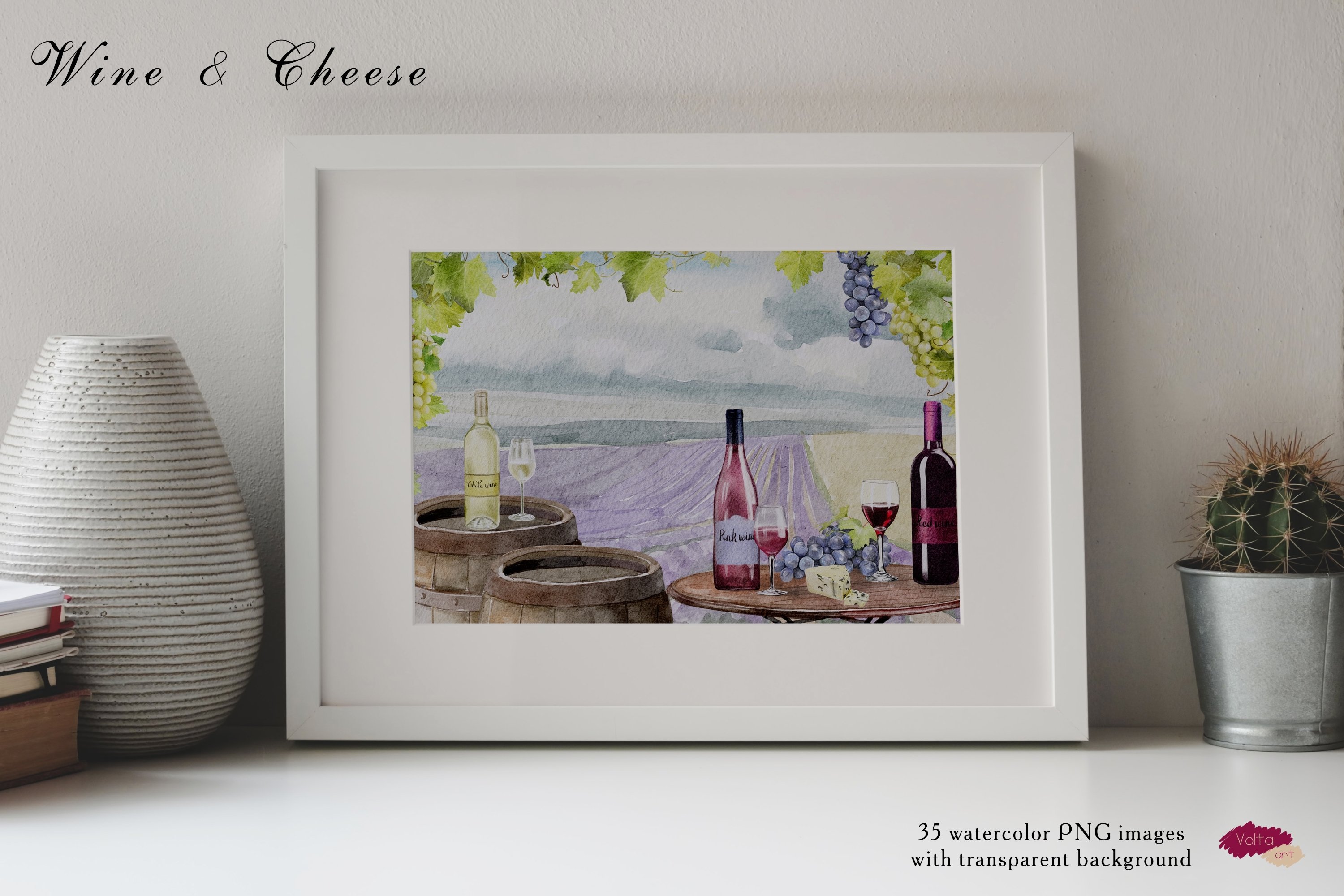 Charming painting depicting a wine barrel and wine and hard cheese against the background of grape fields.