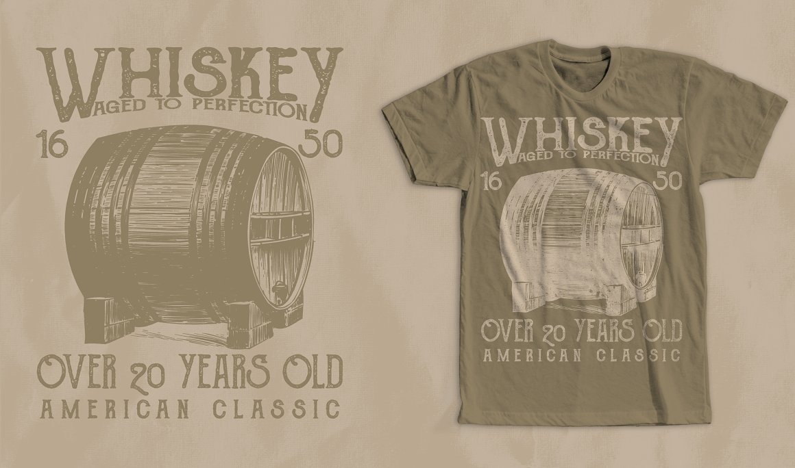 Beige t-shirt with gorgeous vintage whiskey barrel graphic.