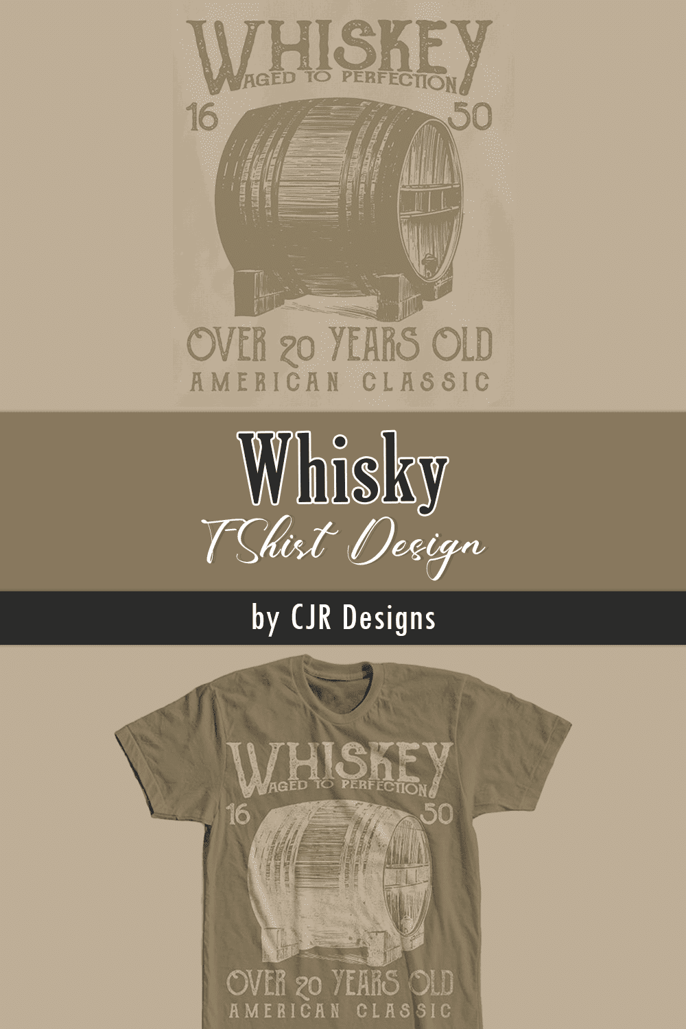 Beige T-shirt with charming vintage whiskey barrel design.
