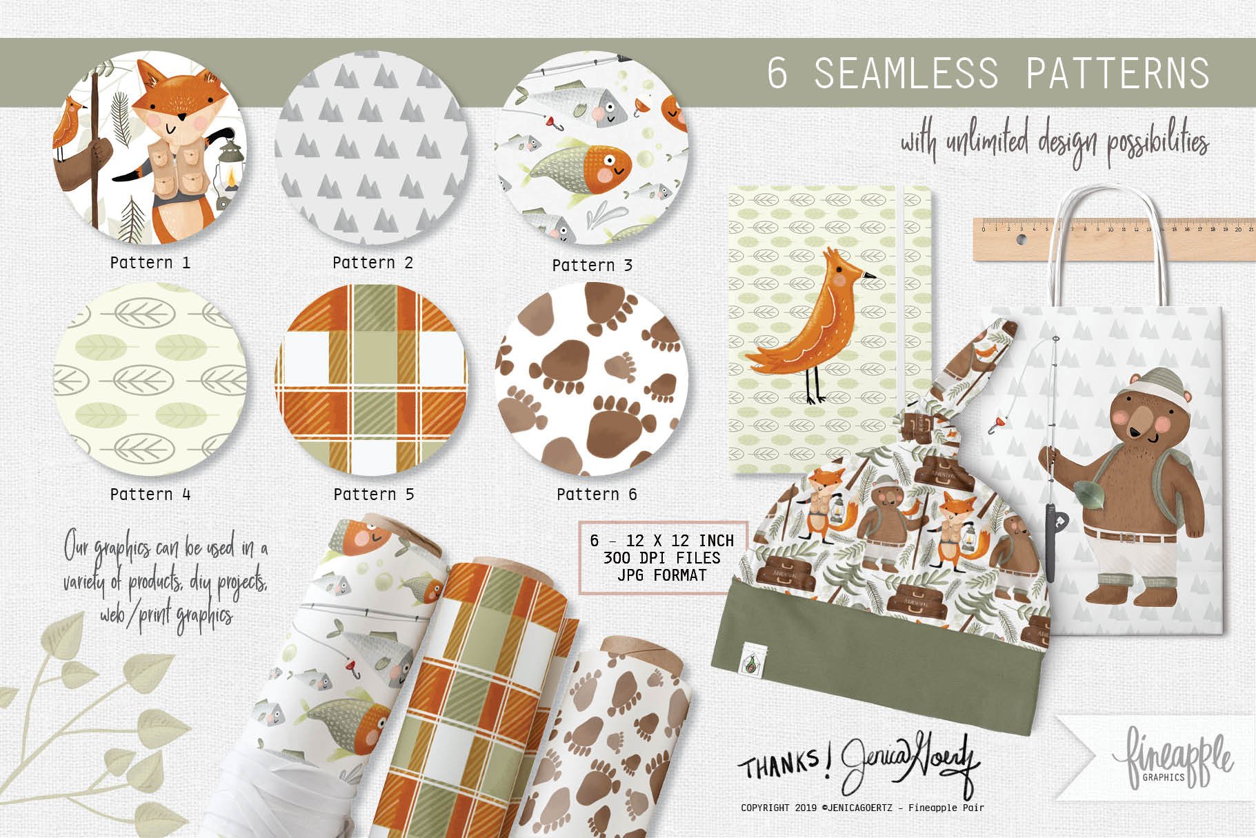 Cool camping prints in light colors and with different animals.