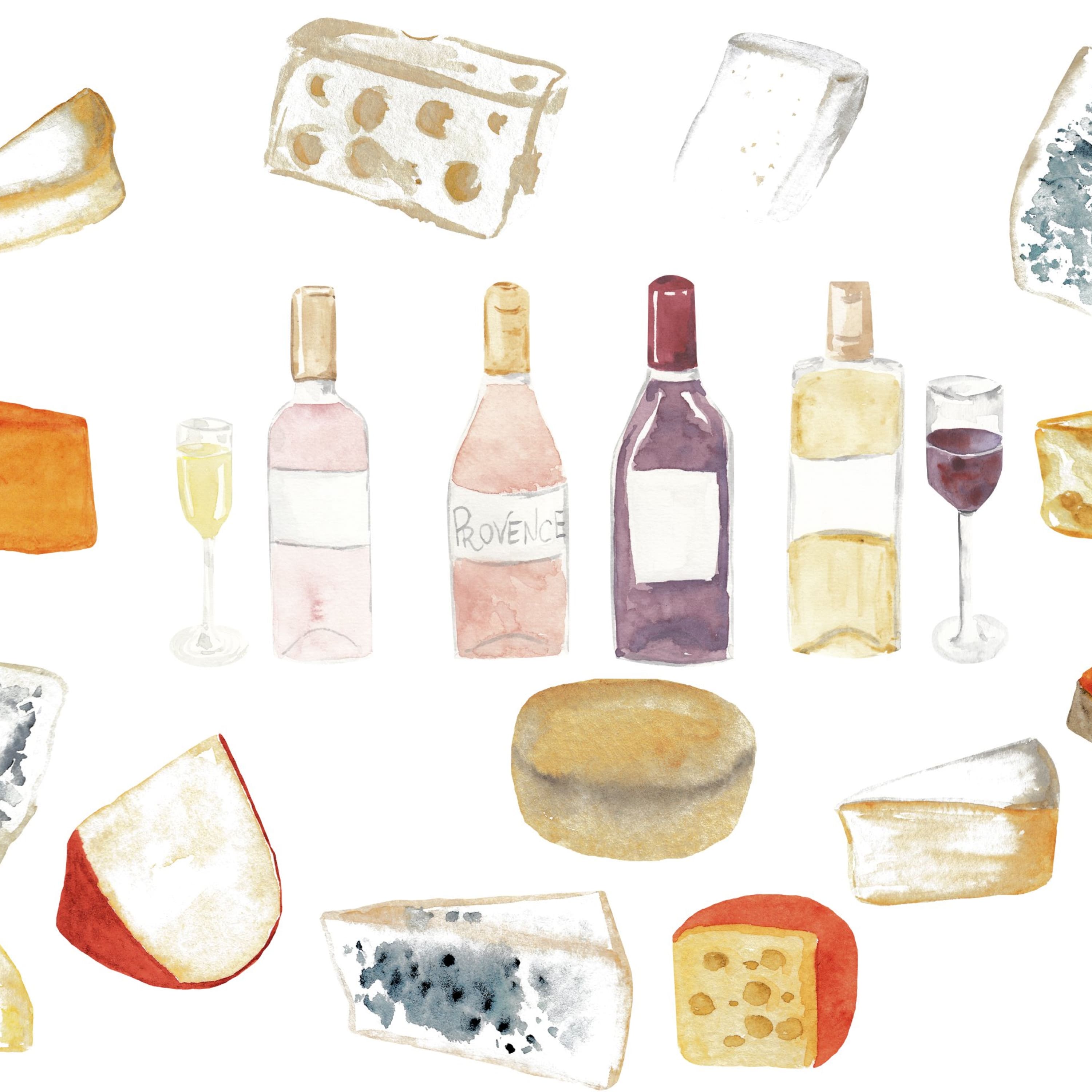 Set of watercolor images of cheese and wine.