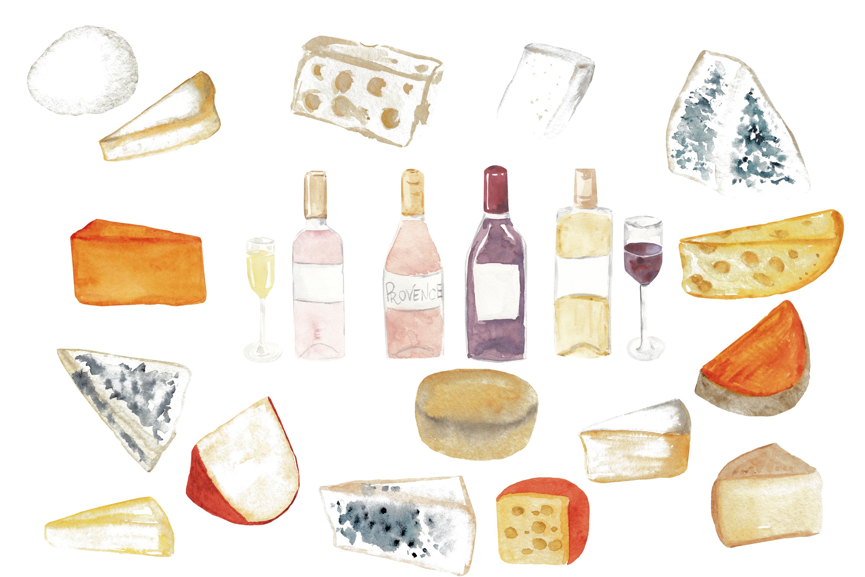 A set of gorgeous images of French cheese and vintage wine.