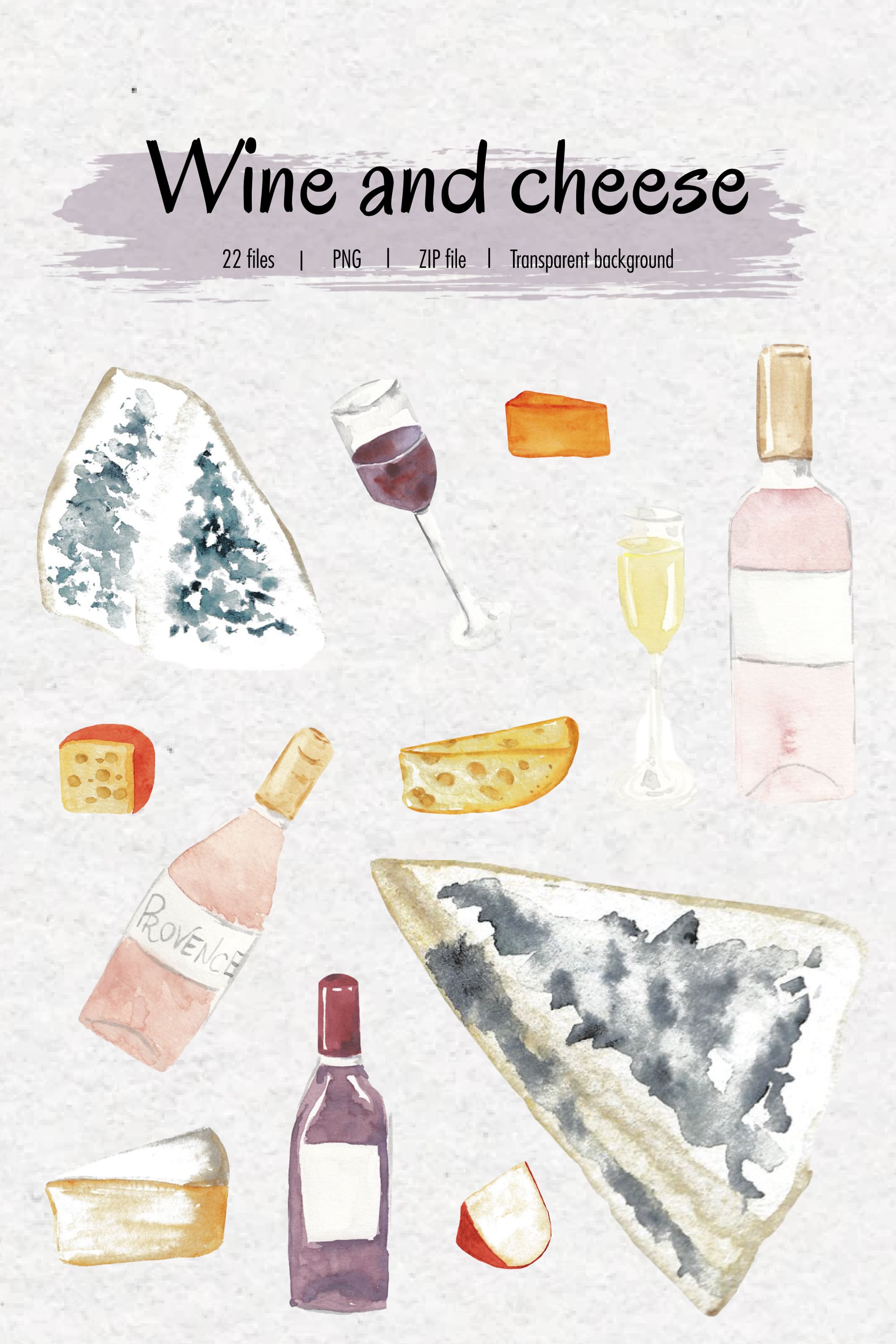 Pack of watercolor images of french cheese and wine.