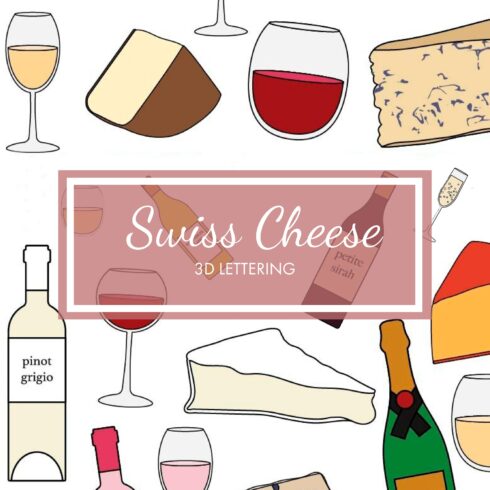 Collection of colorful images of wine and cheese.