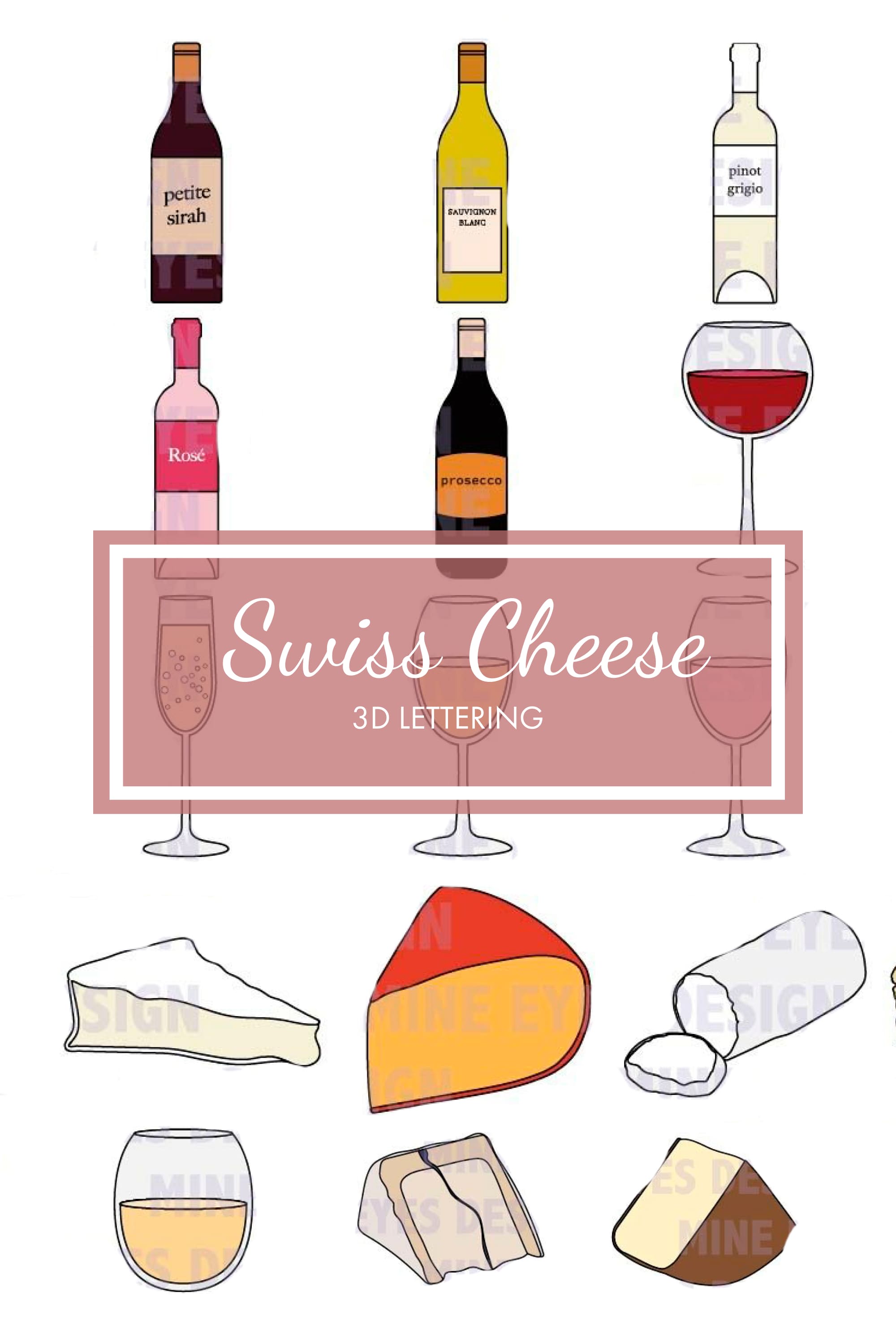 A pack of charming images of wine and cheese.