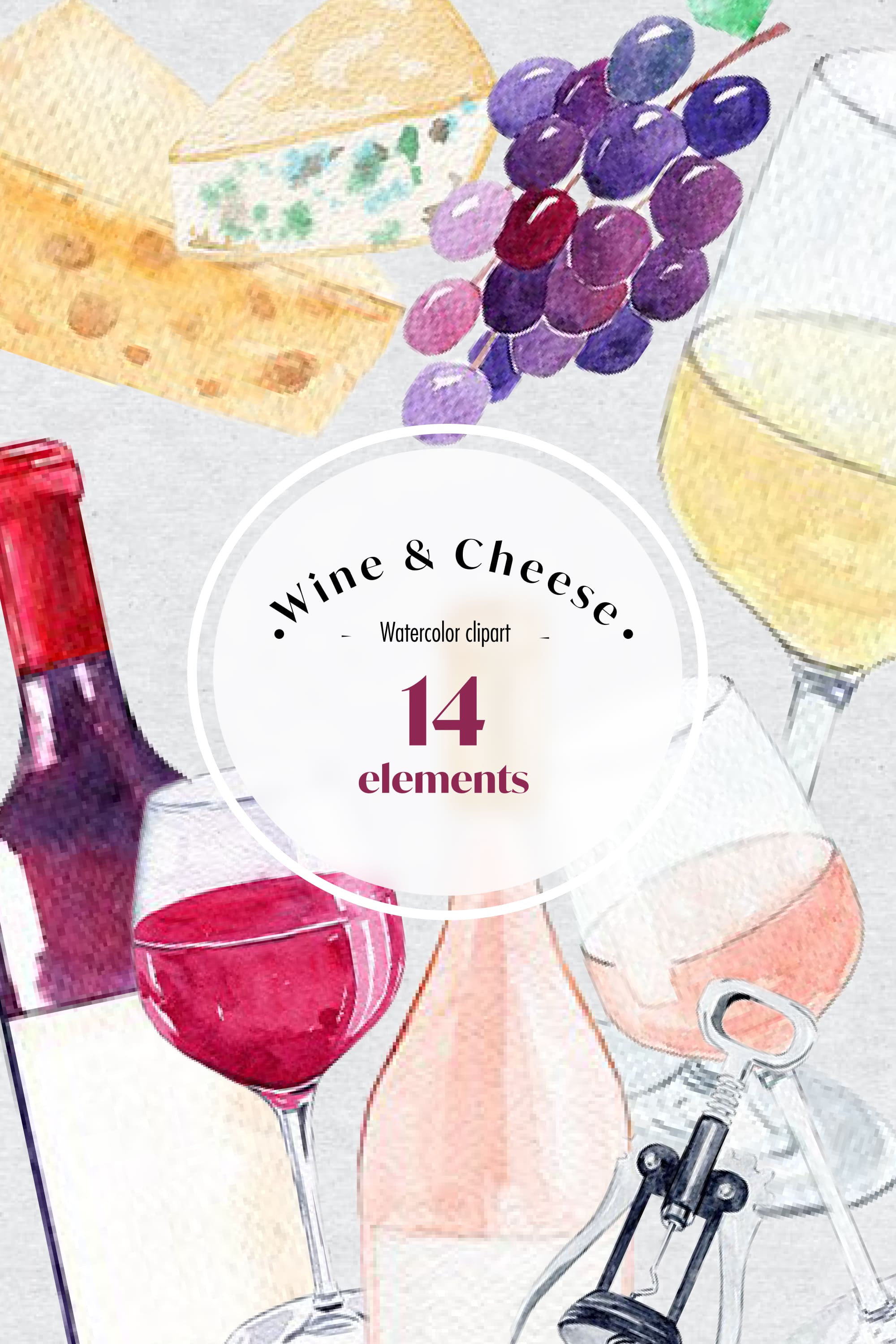 Set of watercolor images of hard cheese and wine.