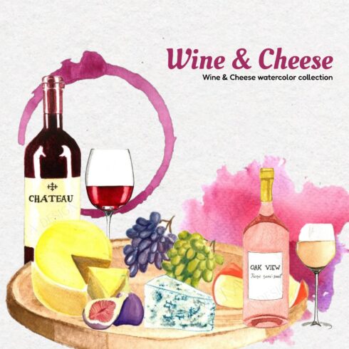 Cover colorful image of hard cheese, grapes, wine.
