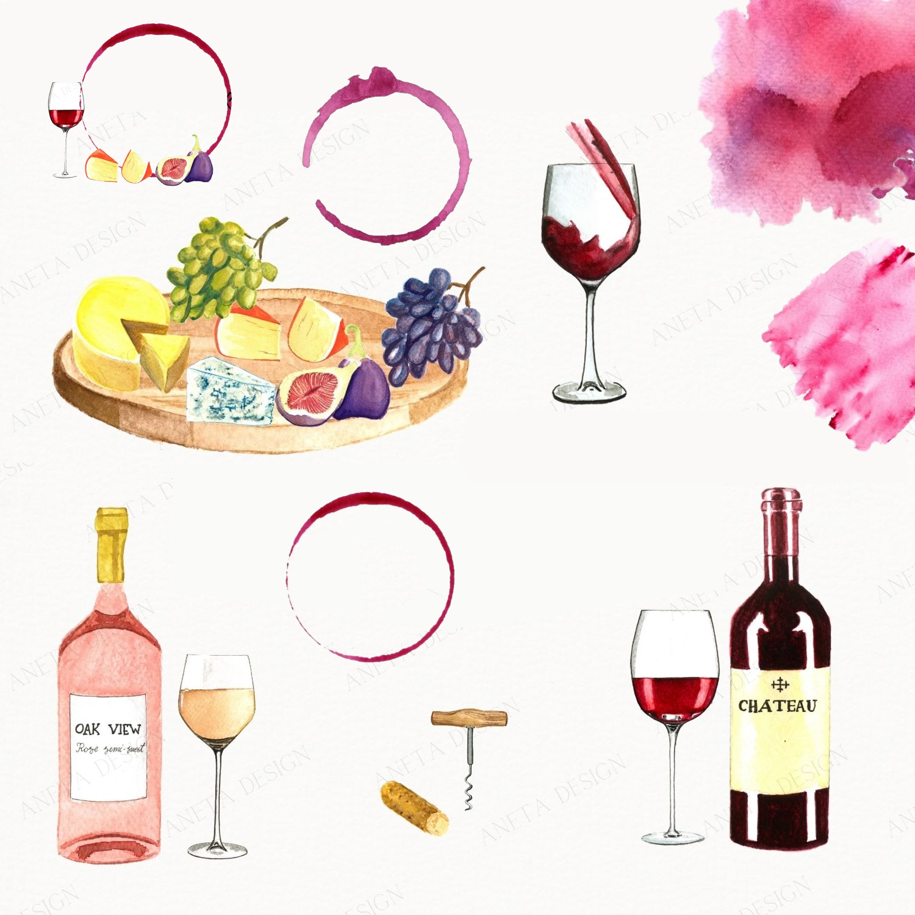 Set of colorful images of hard cheese, wine bottles, grapes.