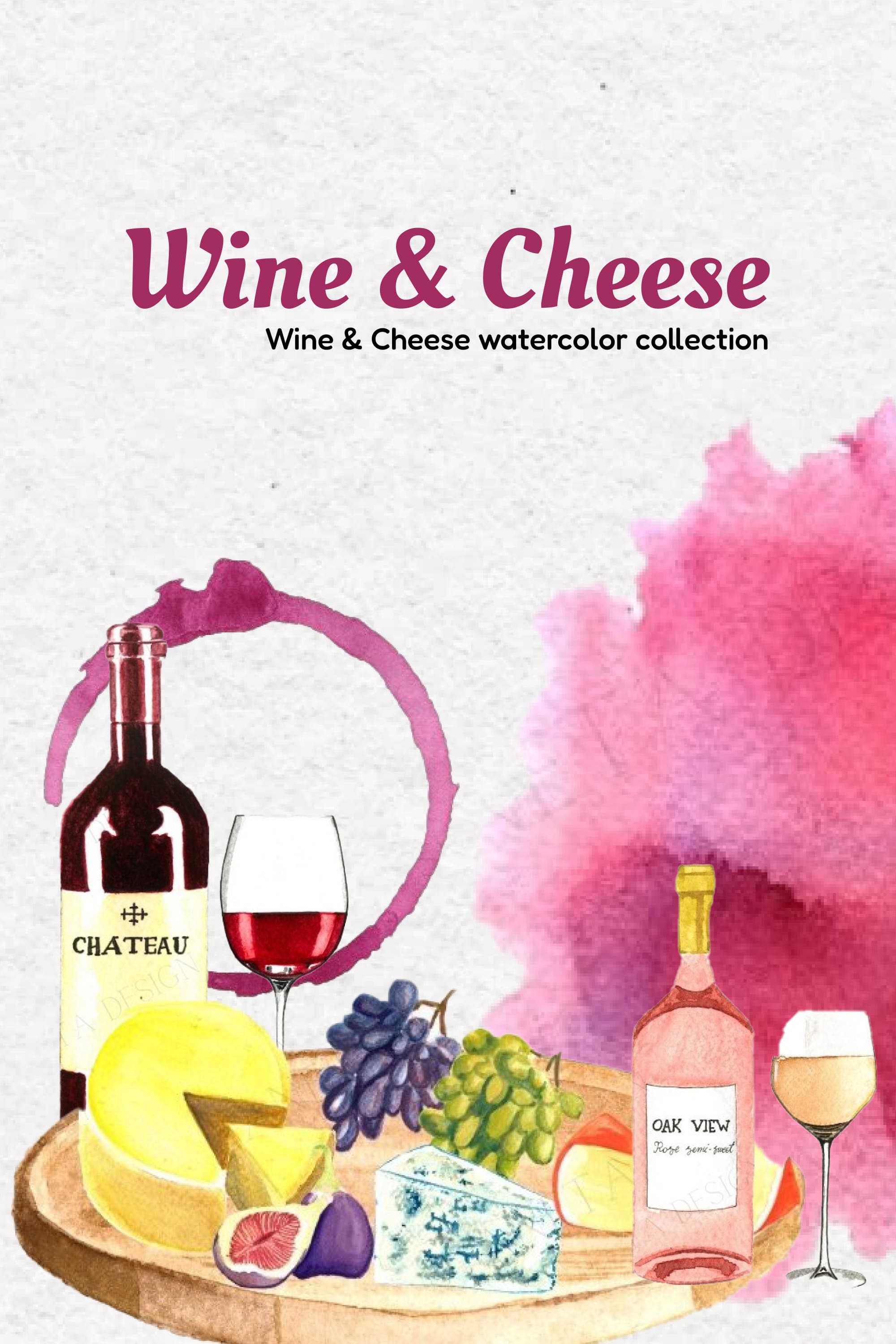 Collection of colorful images of hard cheese, wine bottles, grapes.