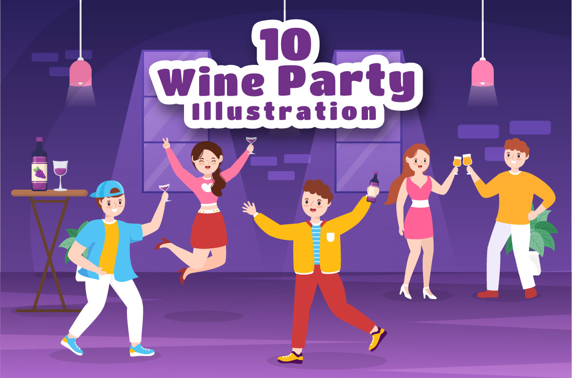 10 Wine Party Flat Illustration facebook image.