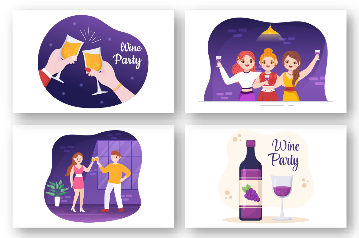 10 Wine Party Flat Illustration set.