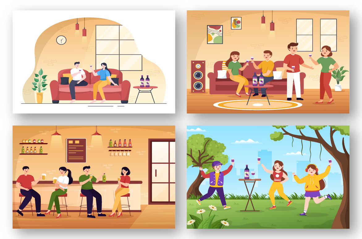 10 Wine Party Flat Illustration collection.
