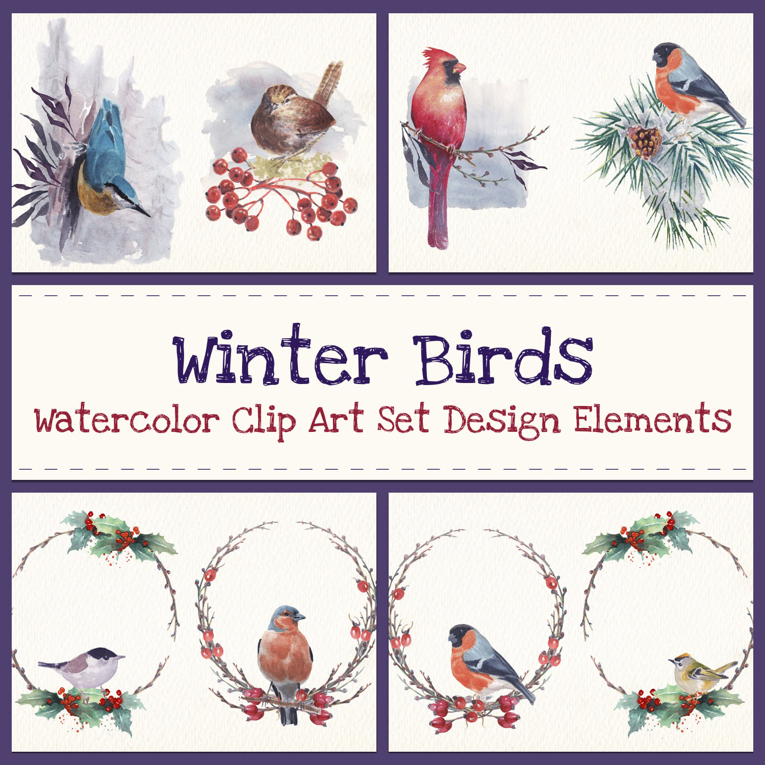 Winter birds watercolor clip art set - main image preview.