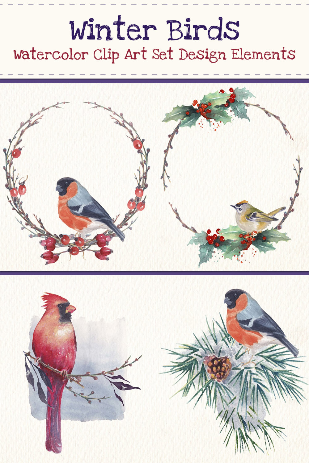 Winter birds watercolor clip art set - pinterest image preview.