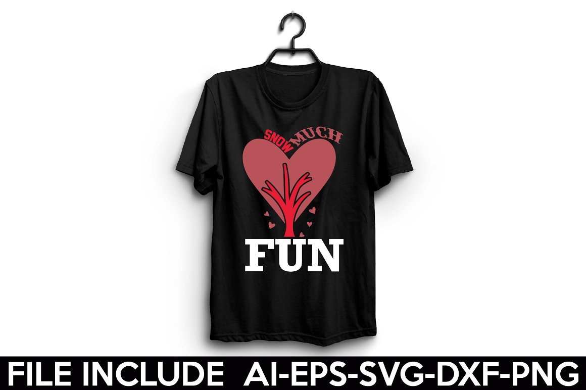 Black t-shirt with the lettering "Snow much fun".