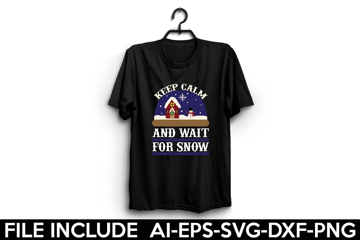 Black t-shirt with the lettering "Keep calm and wait for snow".