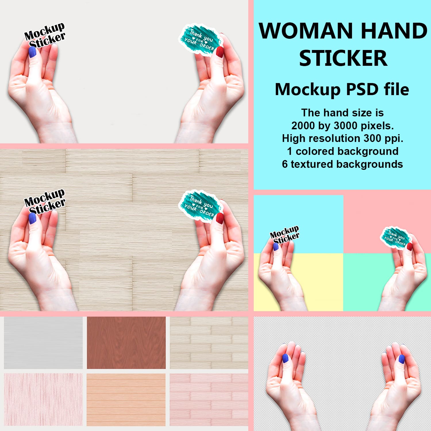 Collection of images of charming stickers in the form of a woman's hand.