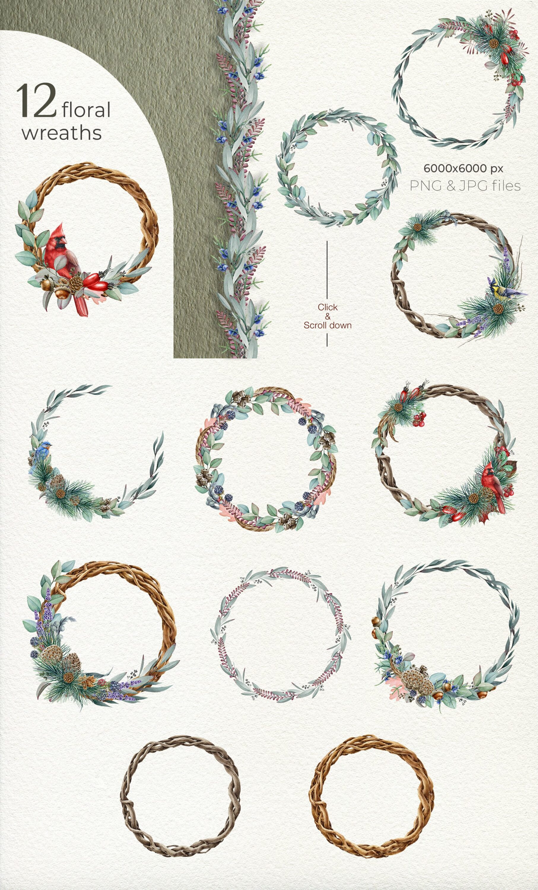 Various of winter wreathes.